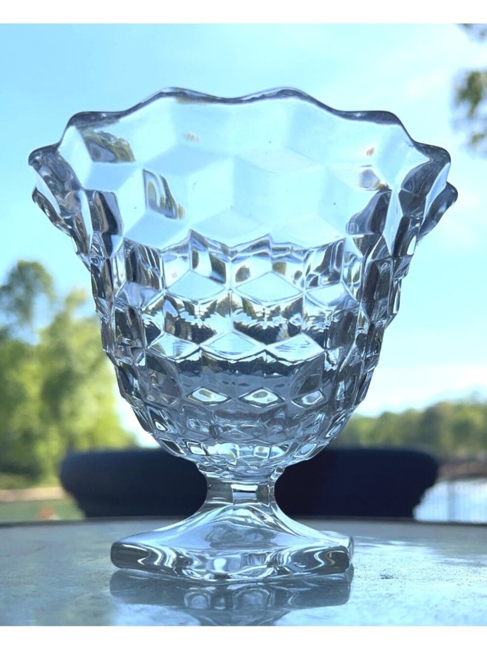 Vintage American Fostoria 2056 Clear Glass Cubist Footed Pedestal compote bowl
